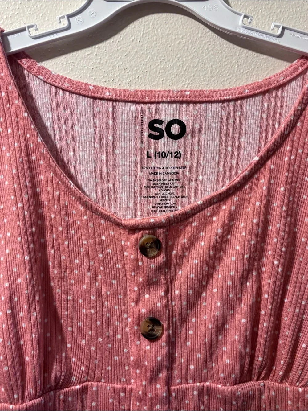 NWOT SO Girls Pink Ribbed Button Front Dress Polka Dot Puff Sleeve Size L 10/12